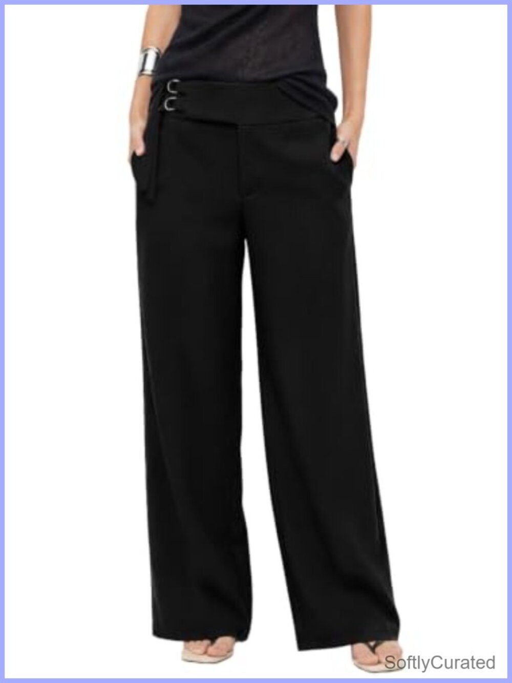High Waisted Wide Leg Work Pants with Belt & Pockets